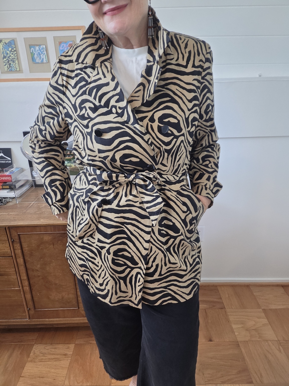 Dana Buchman Zebra Print Tie-Waist Jacket in Black & Beige Size Xl